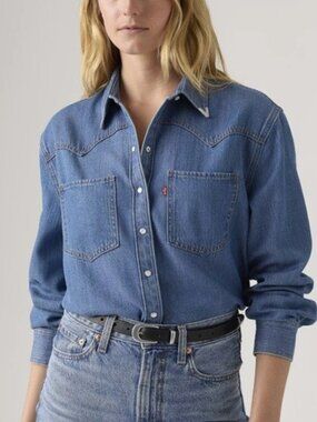 Teodora Metal Tipped Western Shirt, Medium Wash, Size L, NWT